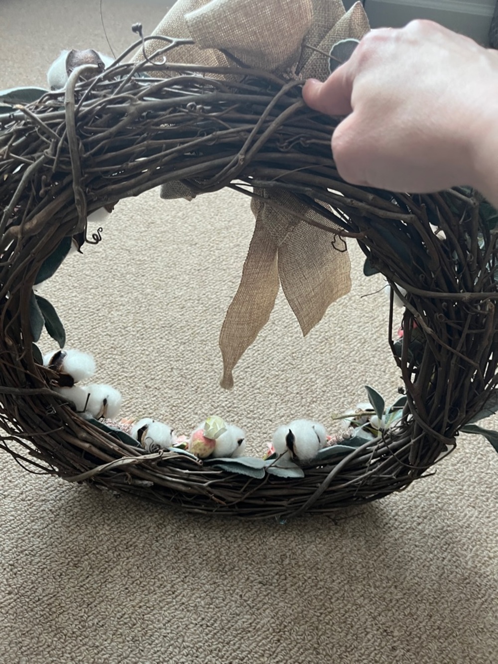Cotton & Rose Spring Wreath with Burlap Bow - Picture 4 of 4